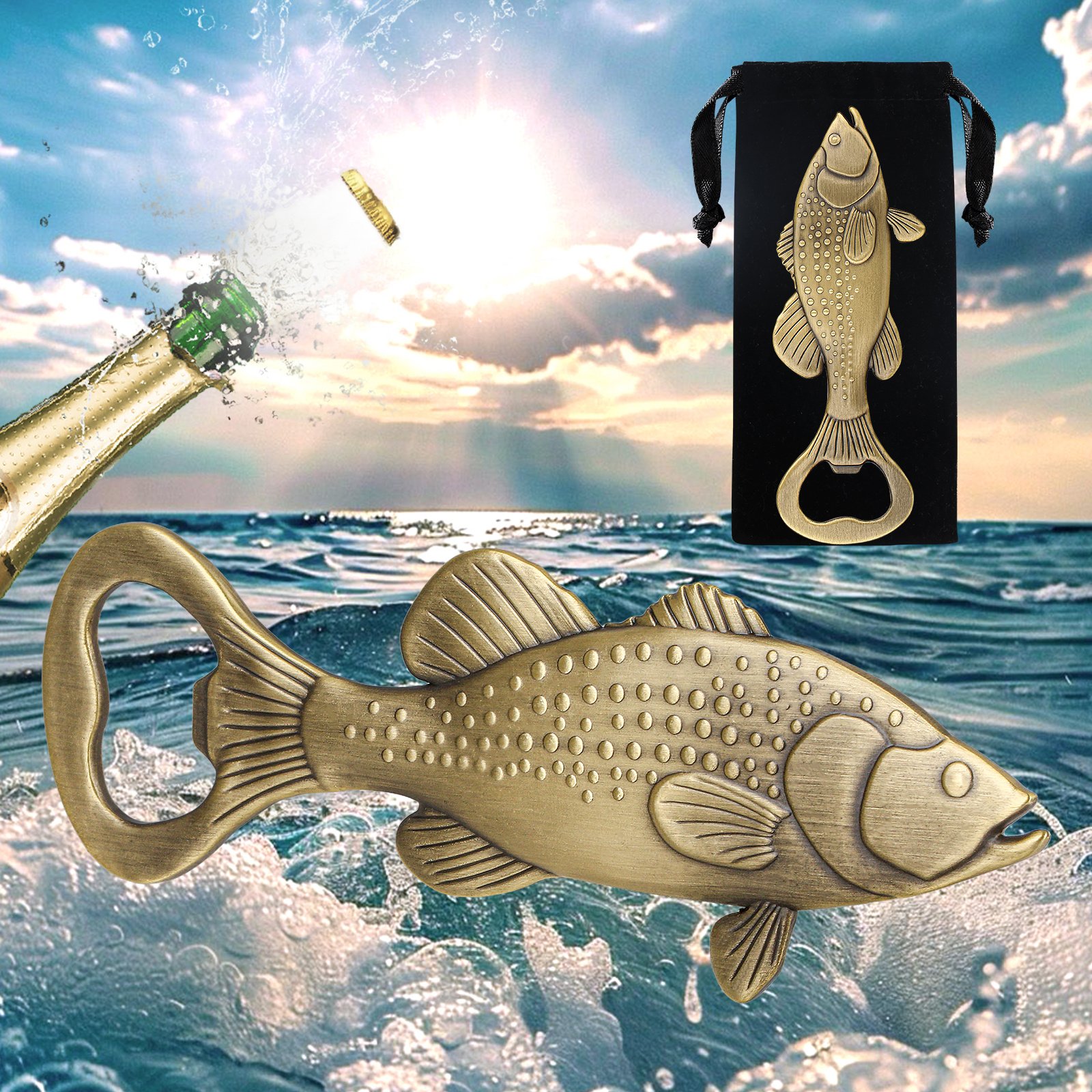 Creative Sea Bass Bottle Opener With Velvet Bag , Exclusive Gift For Fishing Enthusiasts, Bar Tool For Beer Enthusiasts, Ideal For Home And Bar Use, Novel Bar Accessories For Opening Beer