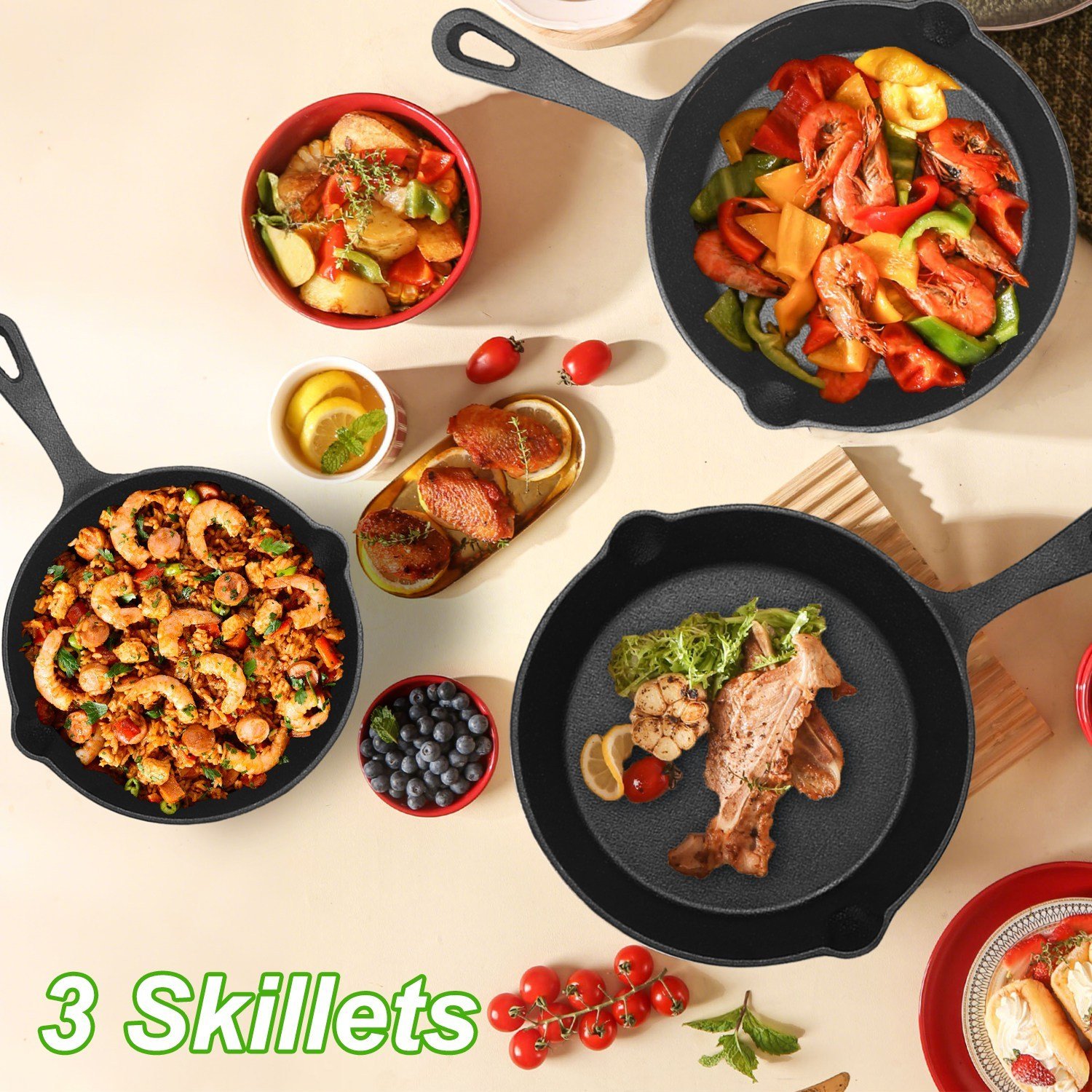3Pcs Pre-Seasoned Cast Iron Skillet Set For Indoor Outdoor 6in 8in 10in Non-Stick Oven Safe Cookware Heat-Resistant Frying Pan For Frying Cooking Baking - Image 10