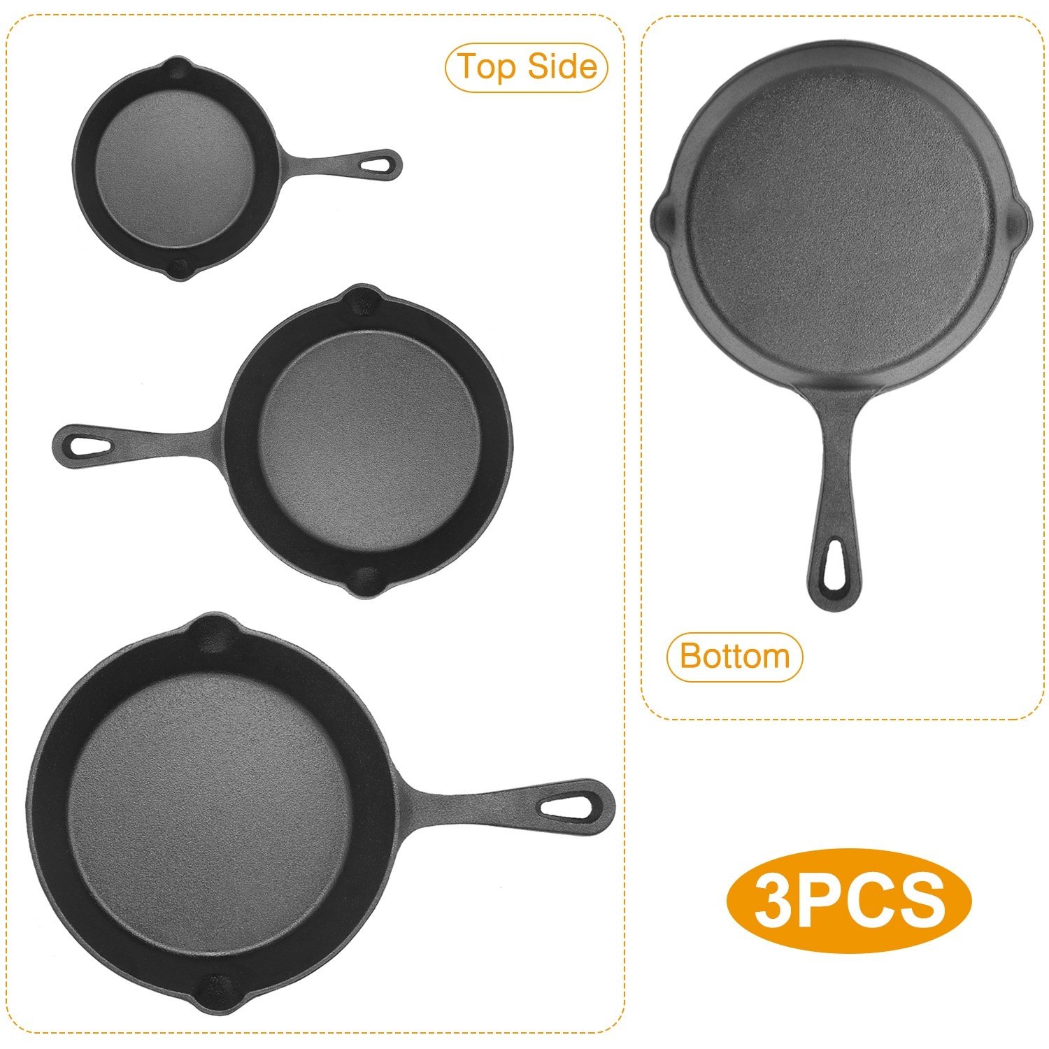 3Pcs Pre-Seasoned Cast Iron Skillet Set For Indoor Outdoor 6in 8in 10in Non-Stick Oven Safe Cookware Heat-Resistant Frying Pan For Frying Cooking Baking - Image 7