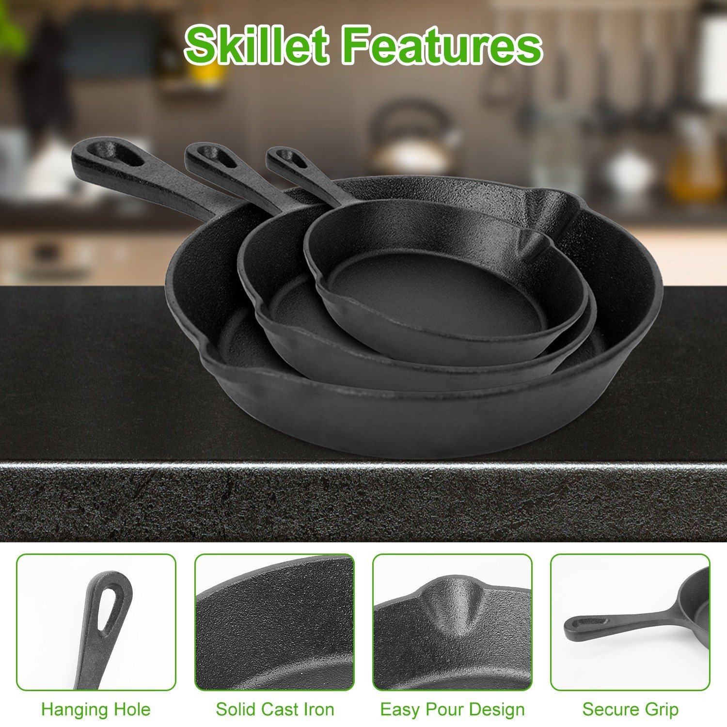 3Pcs Pre-Seasoned Cast Iron Skillet Set For Indoor Outdoor 6in 8in 10in Non-Stick Oven Safe Cookware Heat-Resistant Frying Pan For Frying Cooking Baking - Image 2