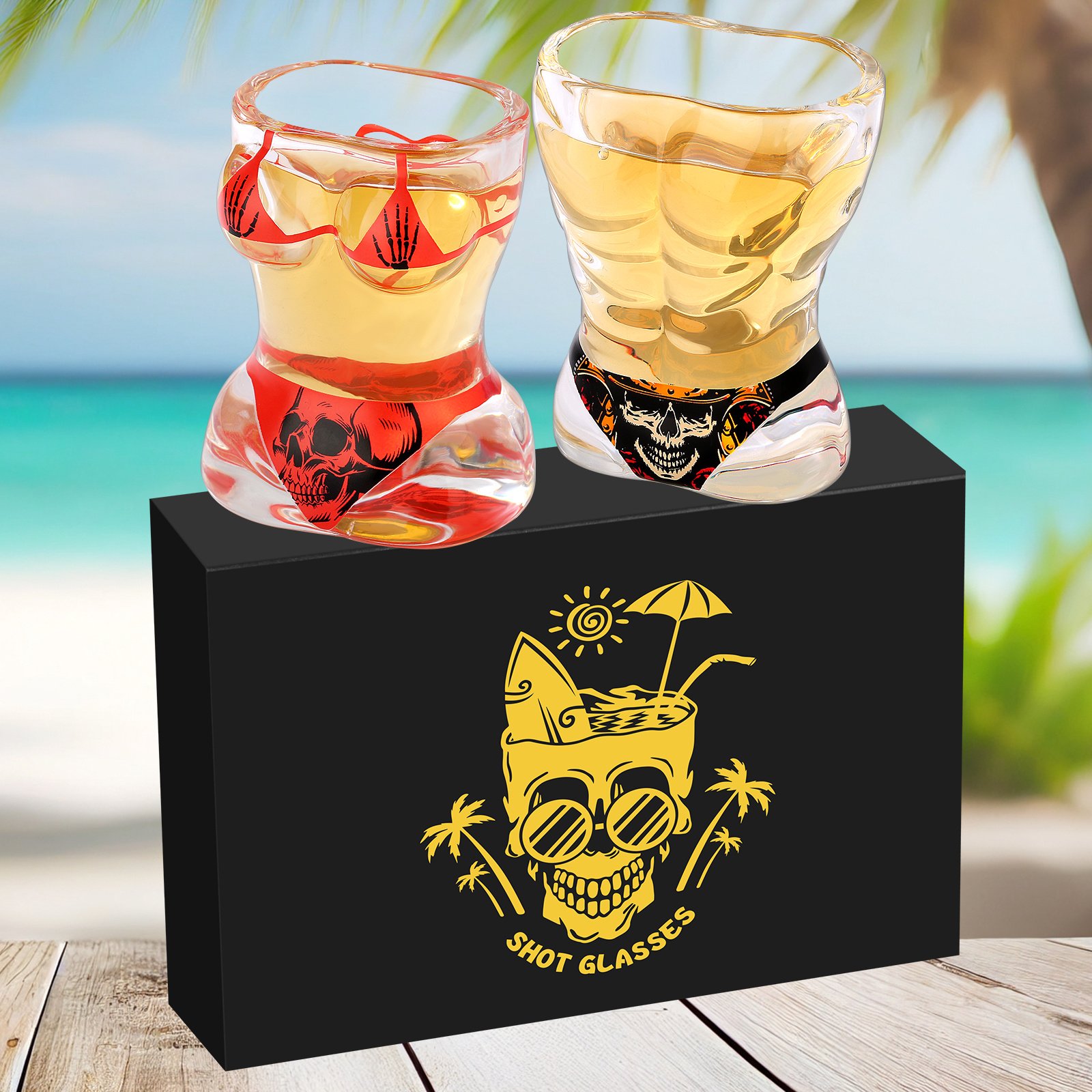 2 Pieces, Black Muscle Men's And Red Bikini Skull Style Glass Small Wine Glasses Bar Tools Christmas Gift, Halloween Gift, Birthday Gift, Company Party Gift, Universal Gift