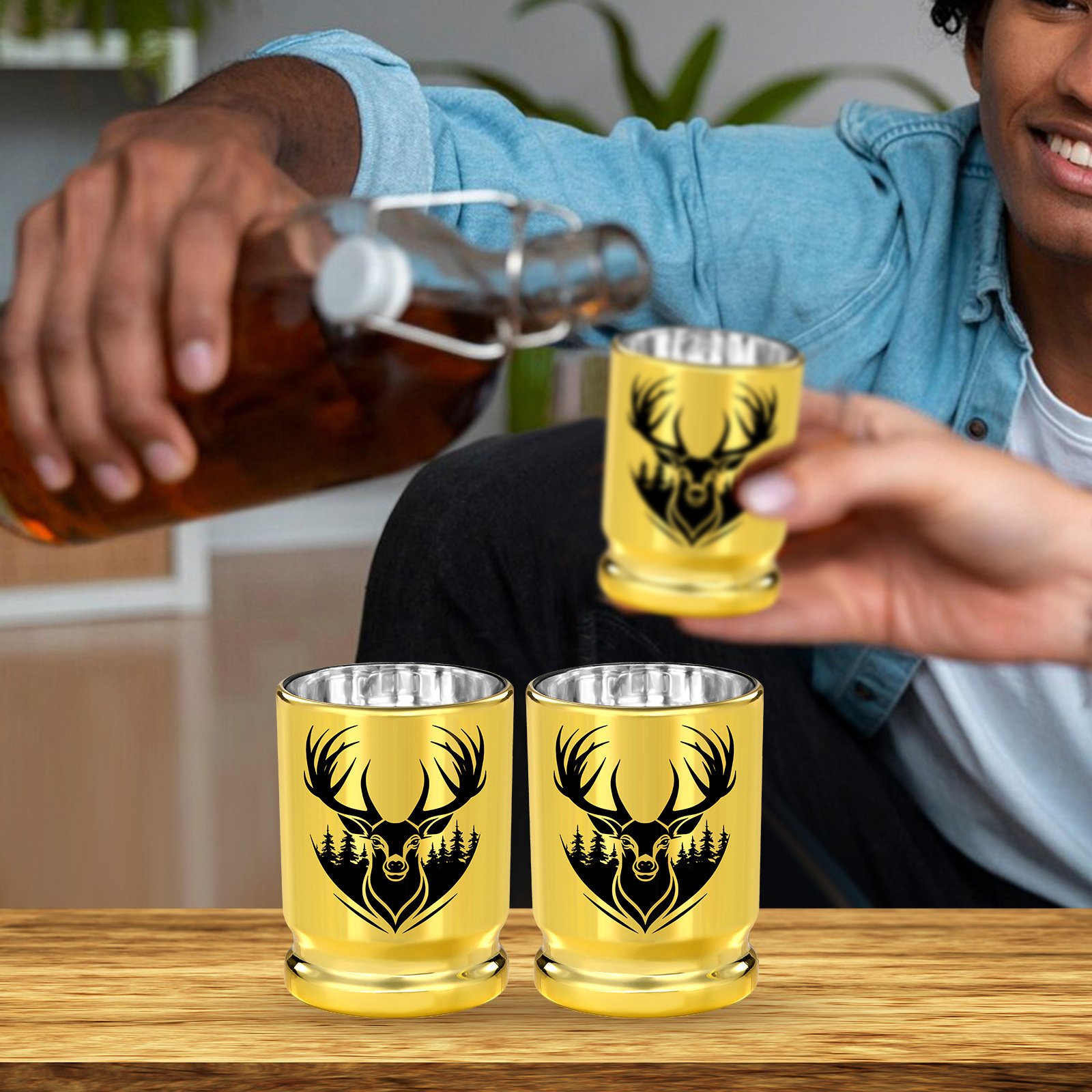 2pcs 50 Caliber Deer Head Golden Plastic Wine Glasses With Gift Box - Leak Proof, Reusable - Stylish Animal Print Design, Suitable For Whiskey, Tequila, Etc - Image 8